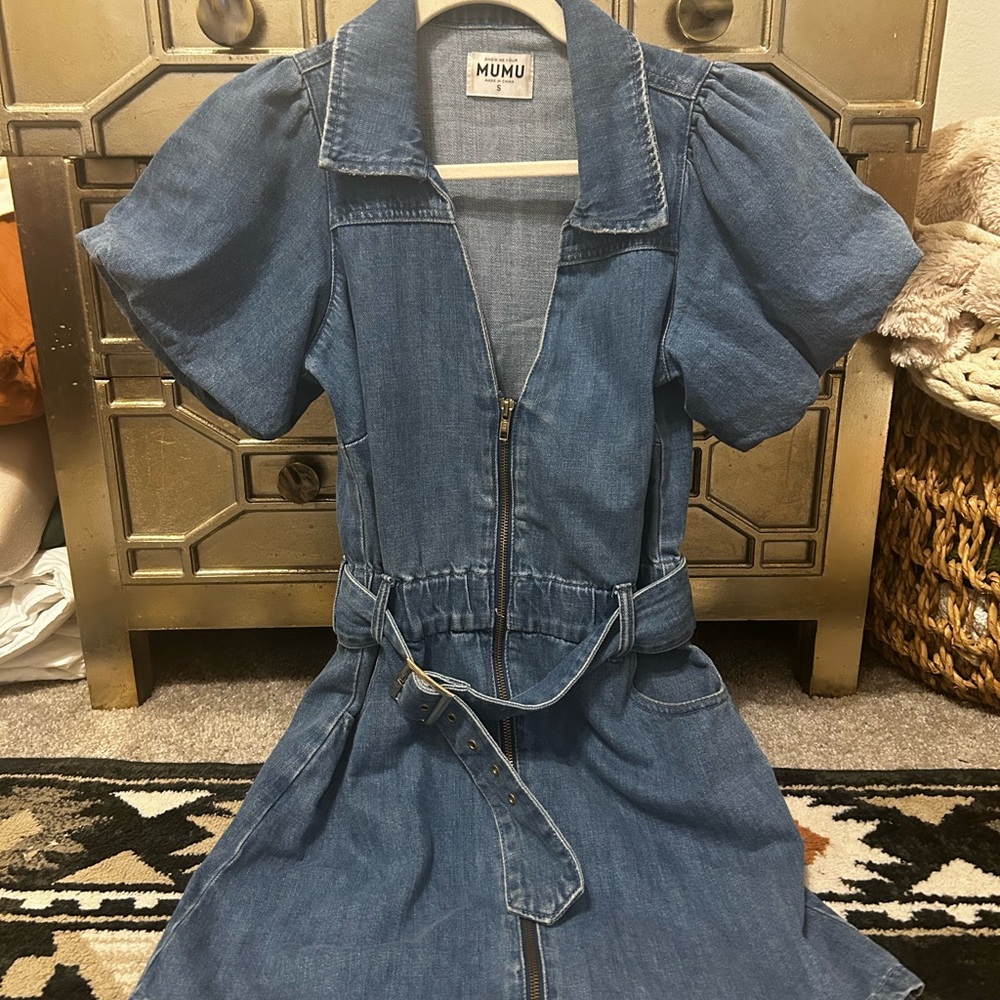 Show Me Your Mumu Denim Zip Front Belted Dress - Blue